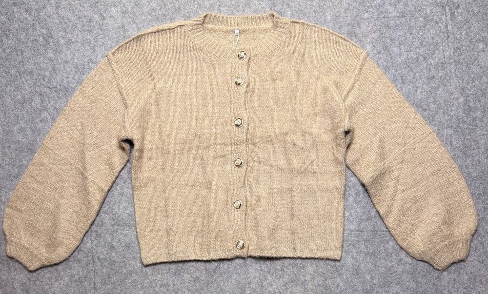 Womens XS Beige Fuzzy Knit Cropped Cardigan Sweater Gold Buttons Balloon Sleeve